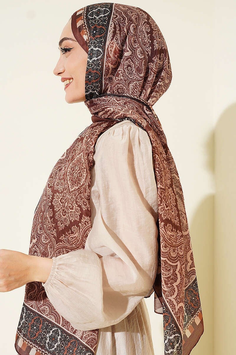 Motif Desenli Soft Şal Kestane