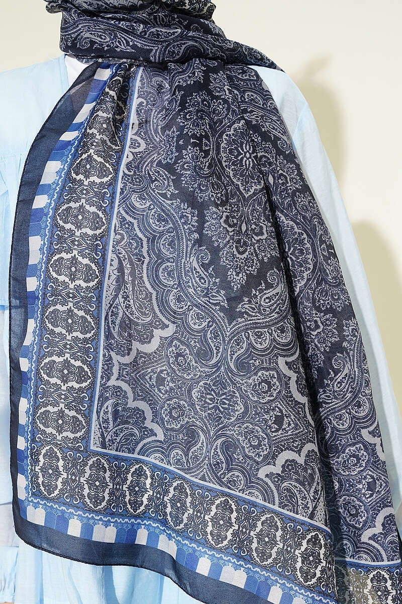 Motif Desenli Soft Şal Lacivert