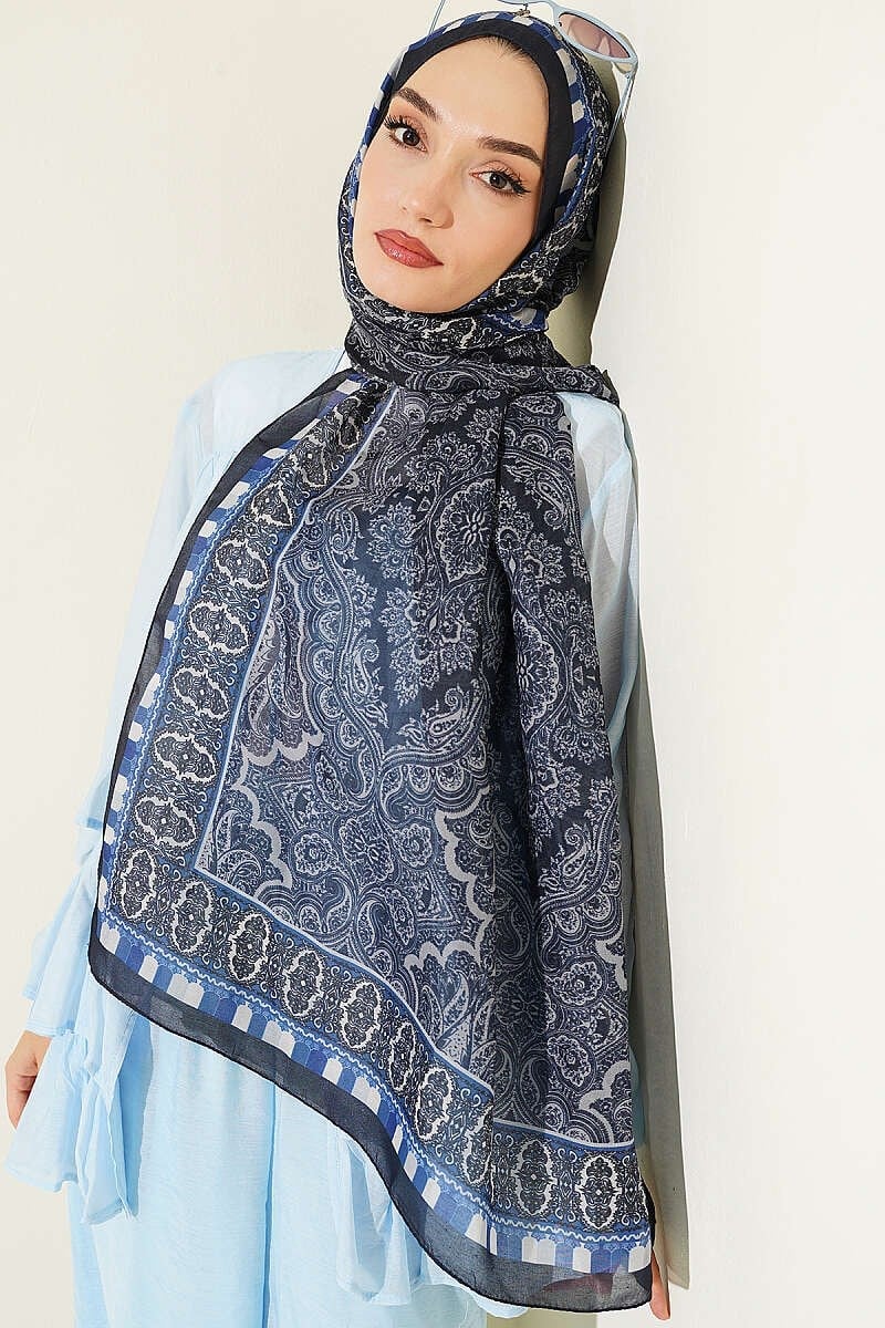 Motif Desenli Soft Şal Lacivert