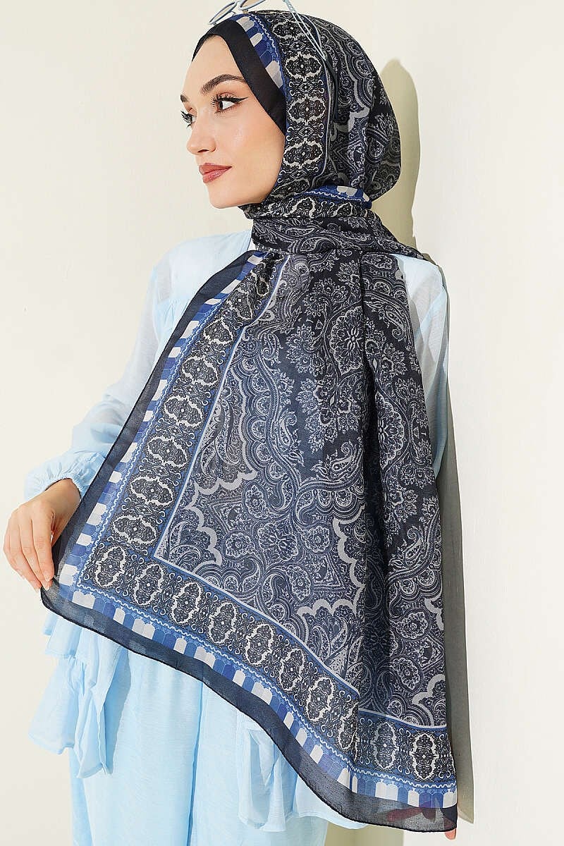 Motif Desenli Soft Şal Lacivert
