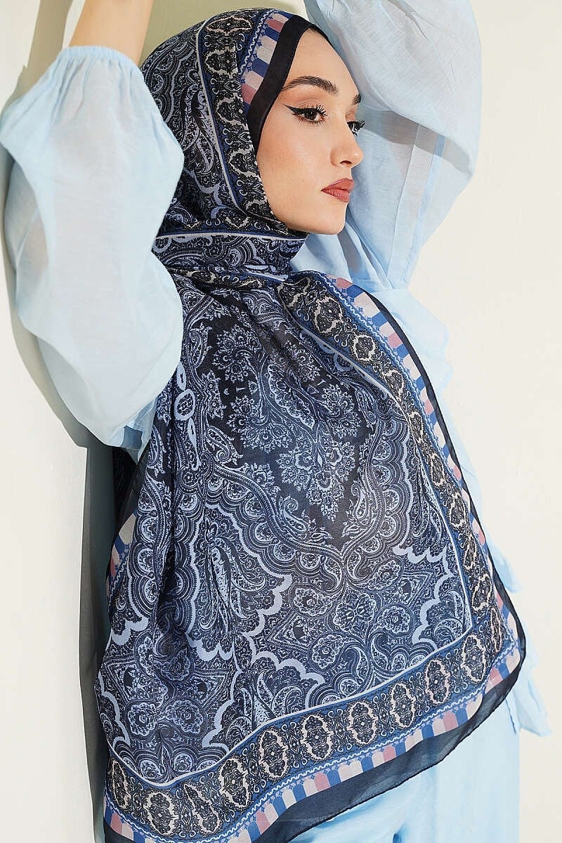 Motif Desenli Soft Şal Lacivert Mavi