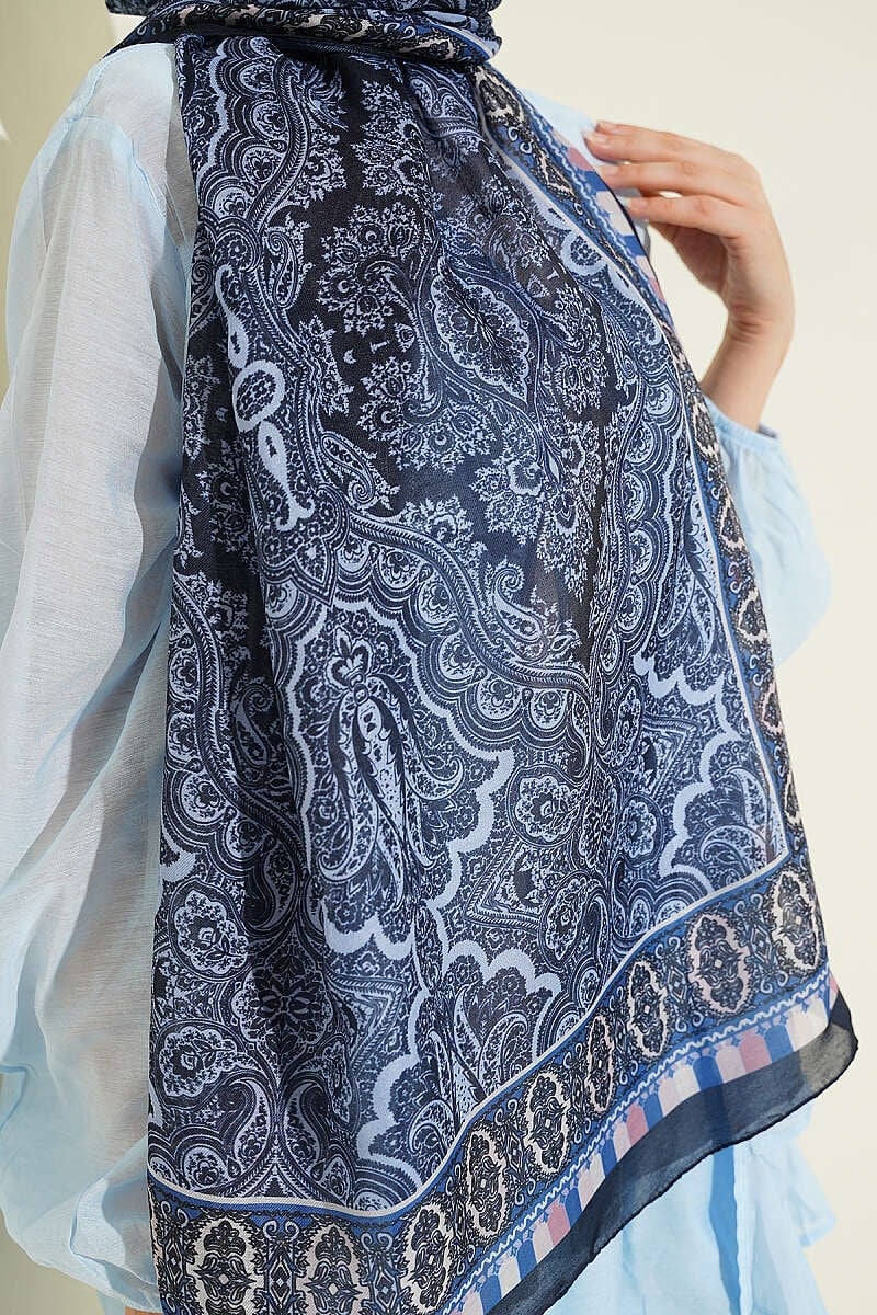 Motif Desenli Soft Şal Lacivert Mavi
