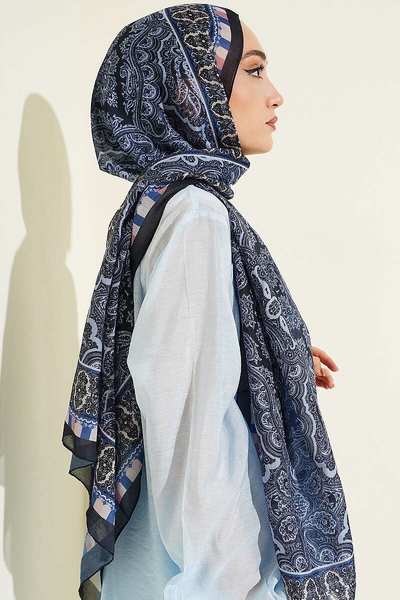 Motif Desenli Soft Şal Lacivert Mavi