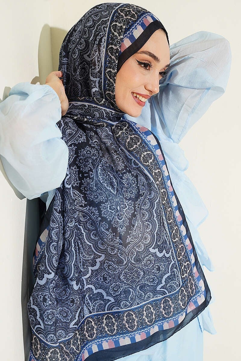 Motif Desenli Soft Şal Lacivert Mavi