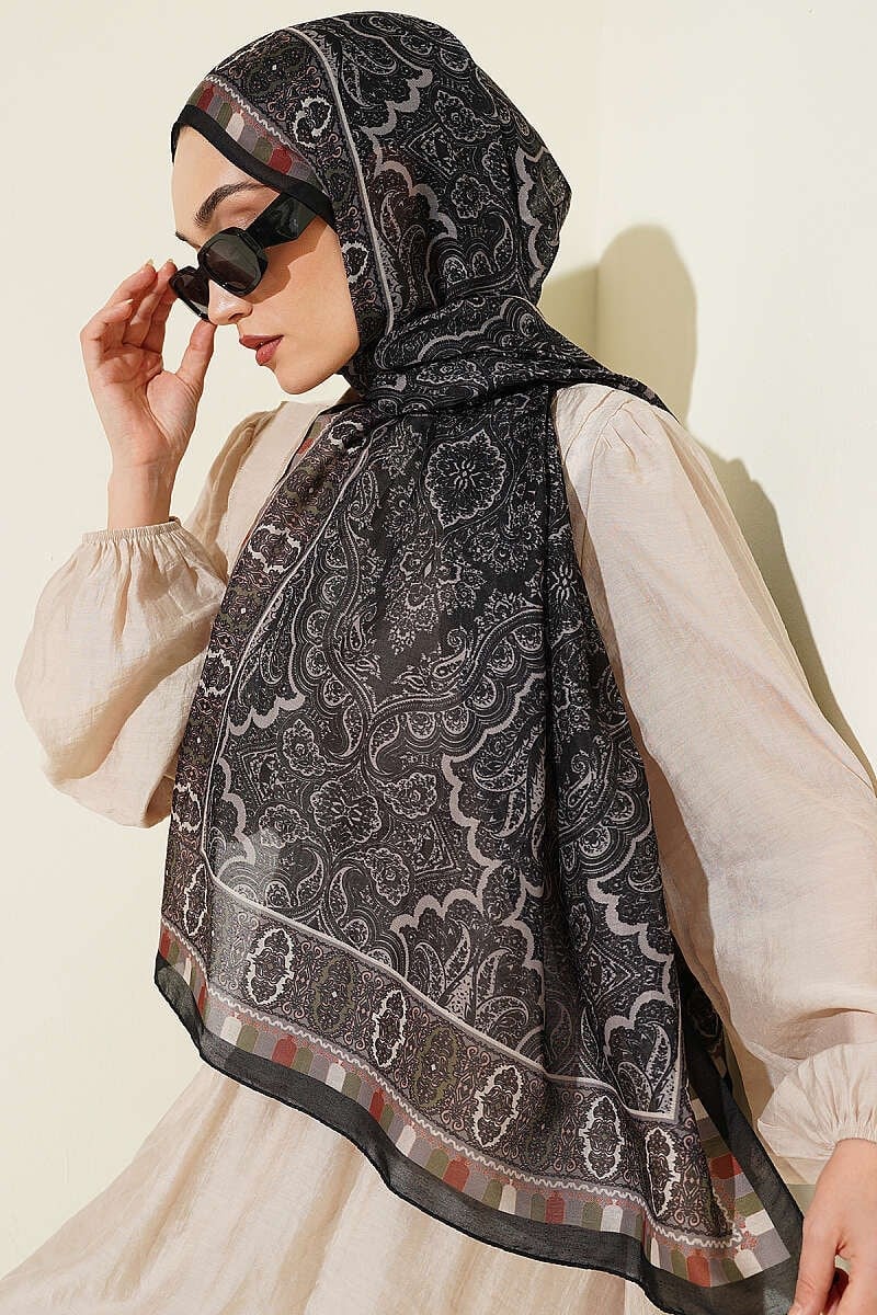 Motif Desenli Soft Şal Siyah Haki