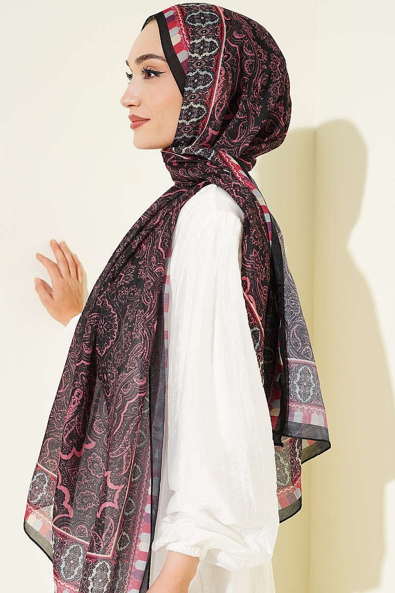 Motif Desenli Soft Şal Siyah Pembe