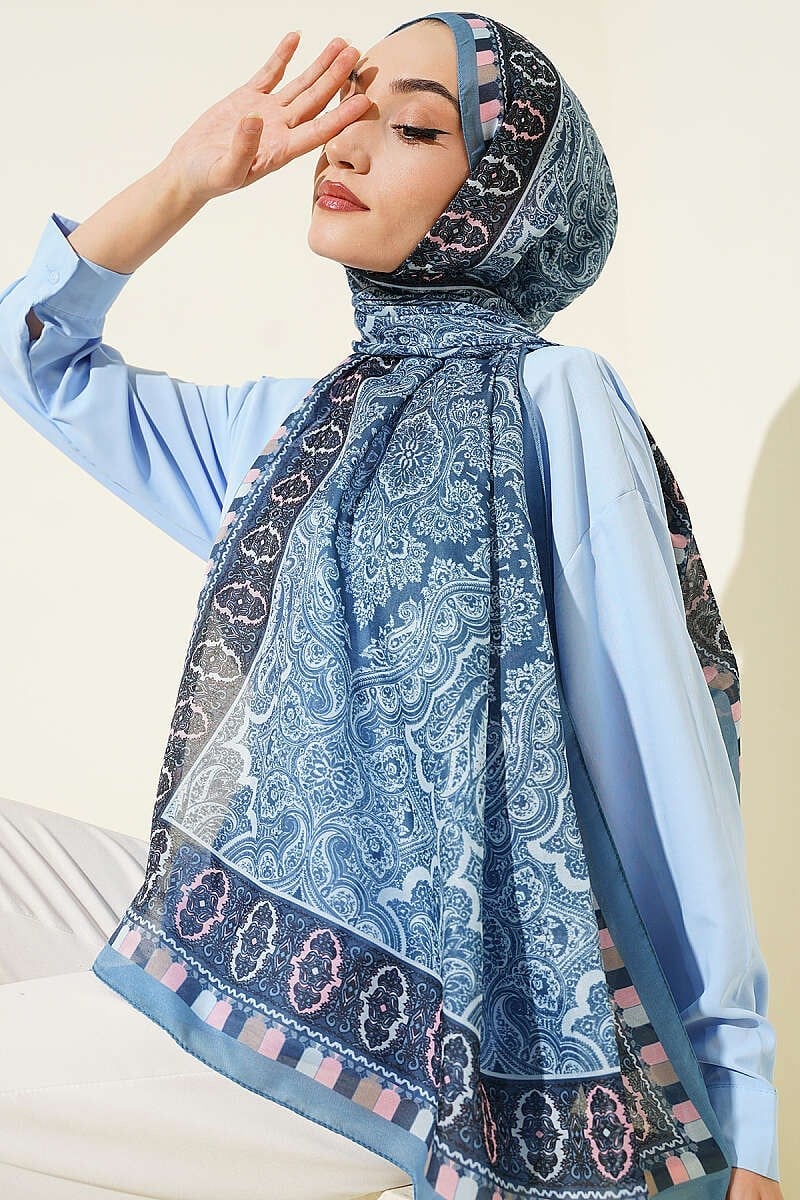 Motif Desenli Soft Şal Soft Mavi