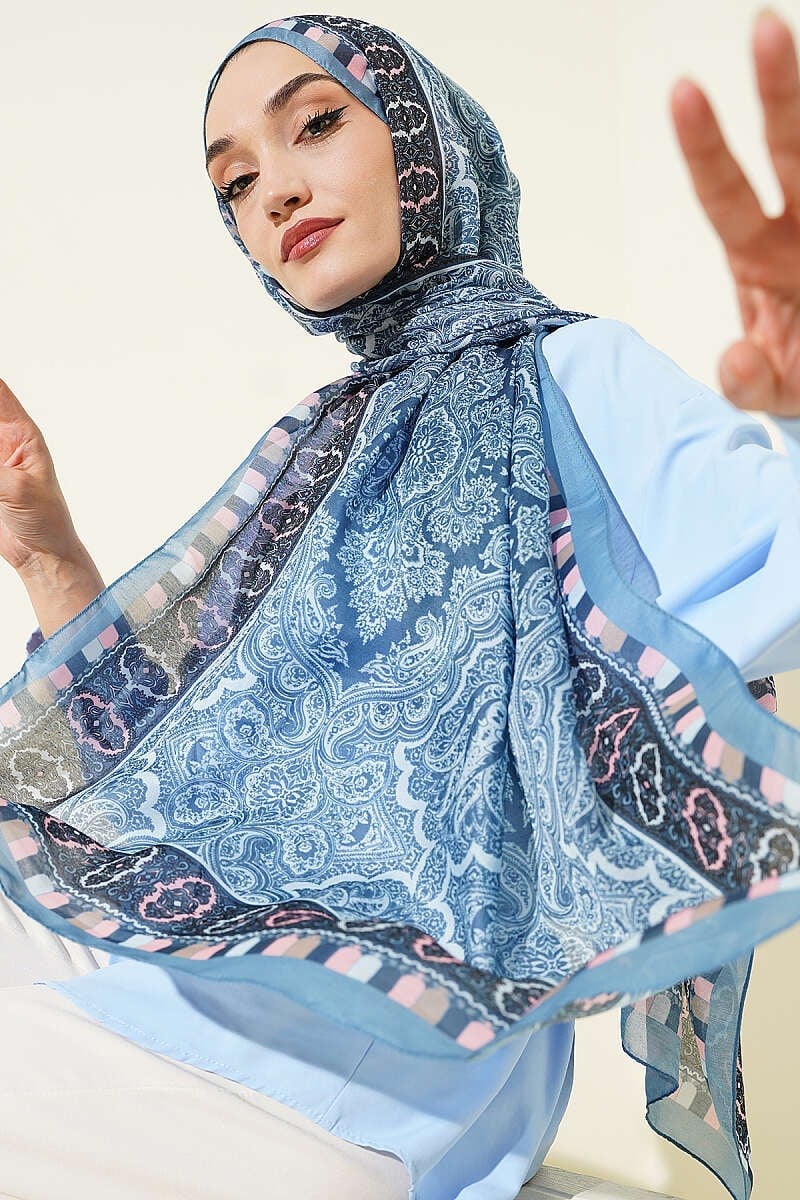 Motif Desenli Soft Şal Soft Mavi