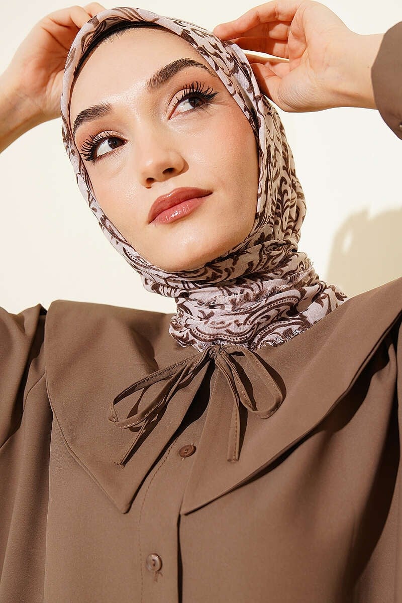 Motifli Flamu Cotton Eşarp Bej