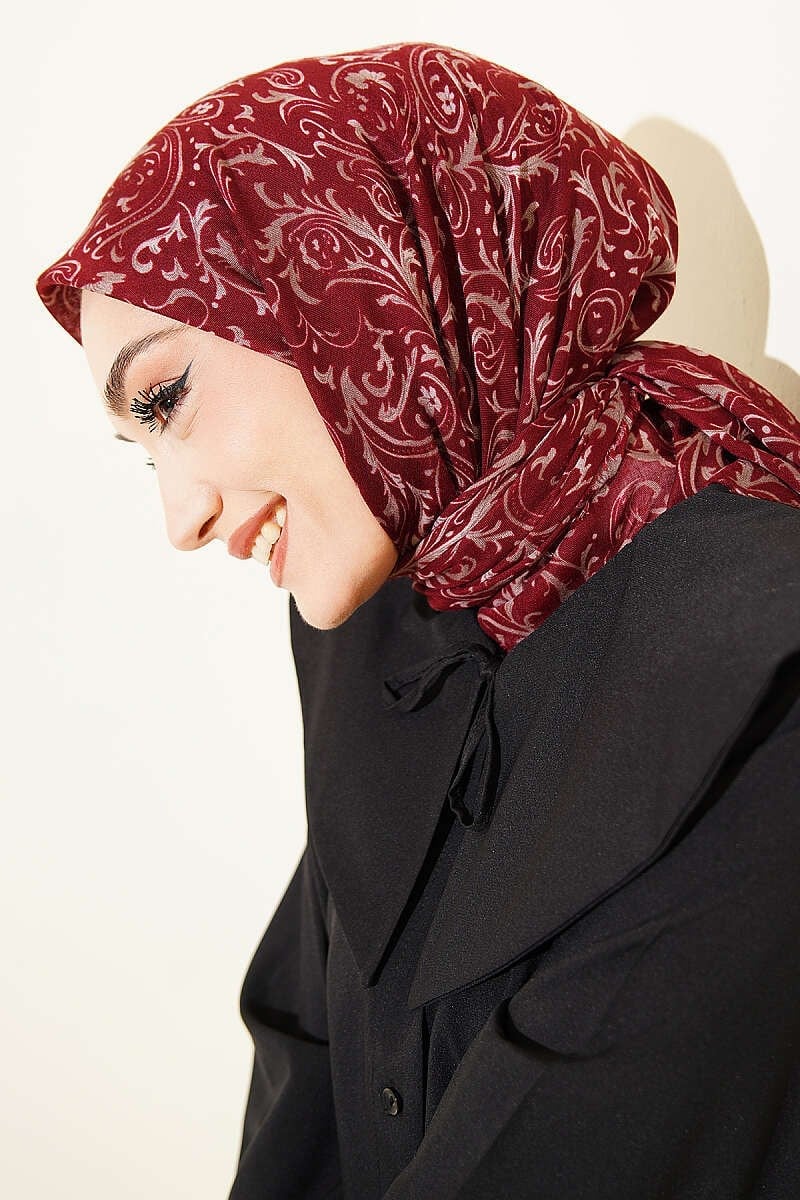 Motifli Flamu Cotton Eşarp Bordo
