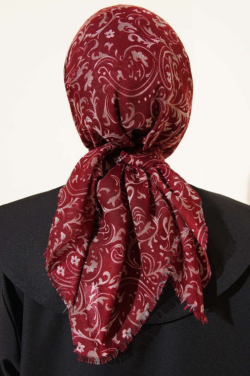 Motifli Flamu Cotton Eşarp Bordo