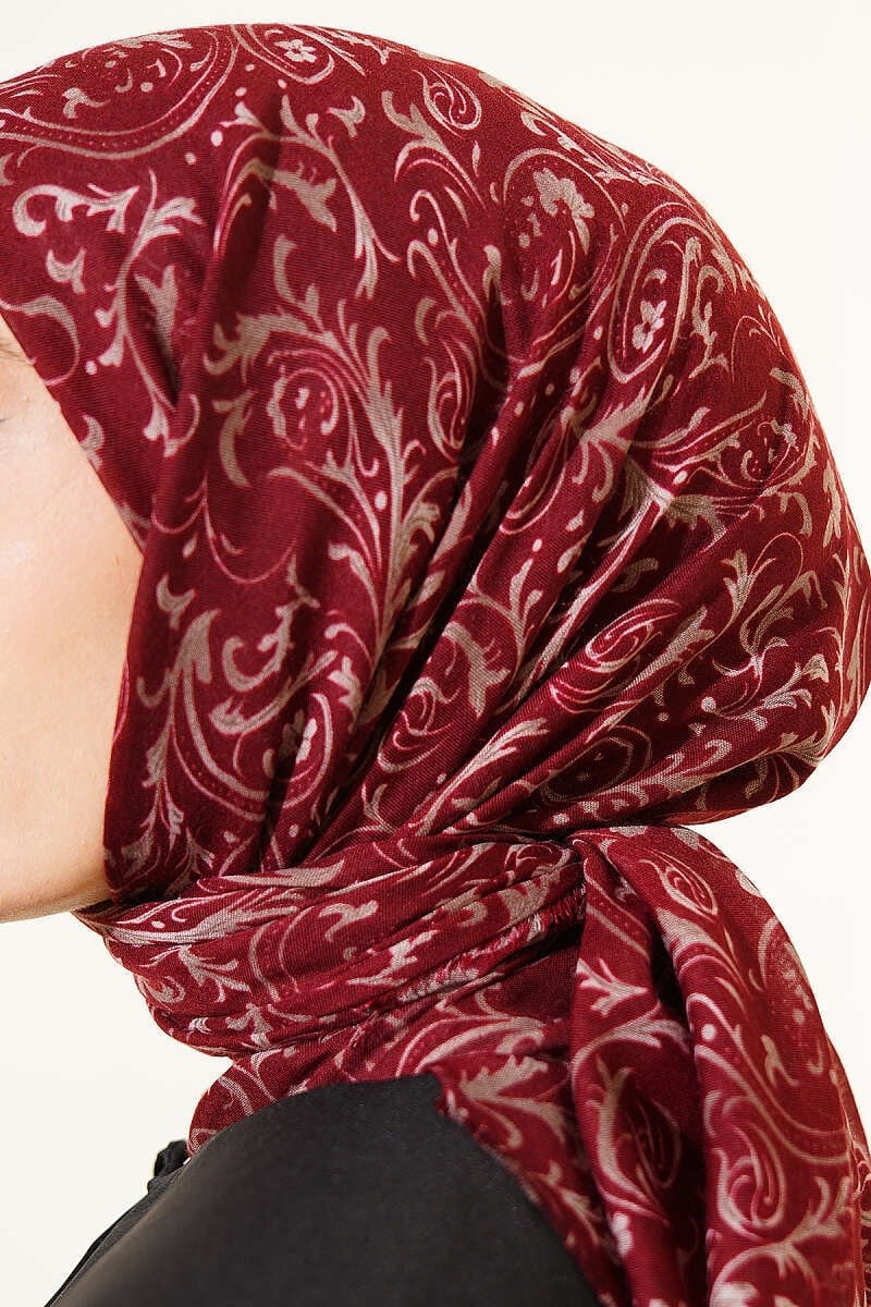 Motifli Flamu Cotton Eşarp Bordo
