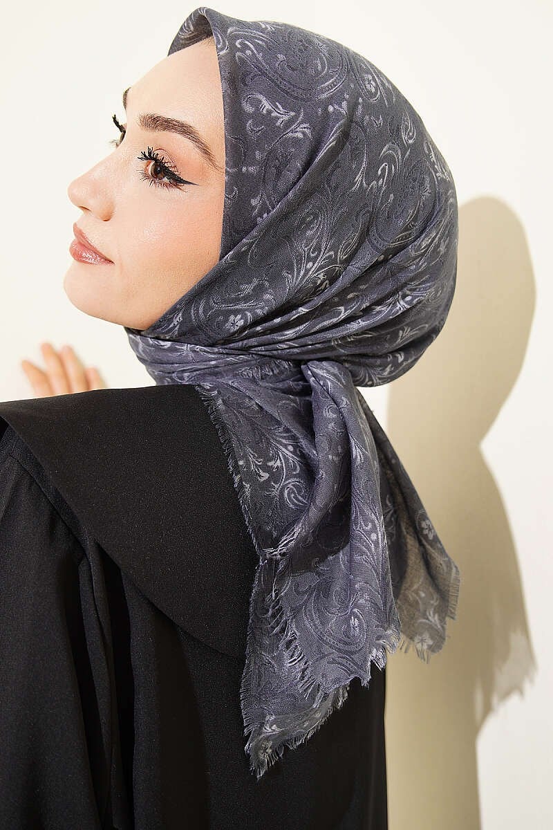 Motifli Flamu Cotton Eşarp Füme