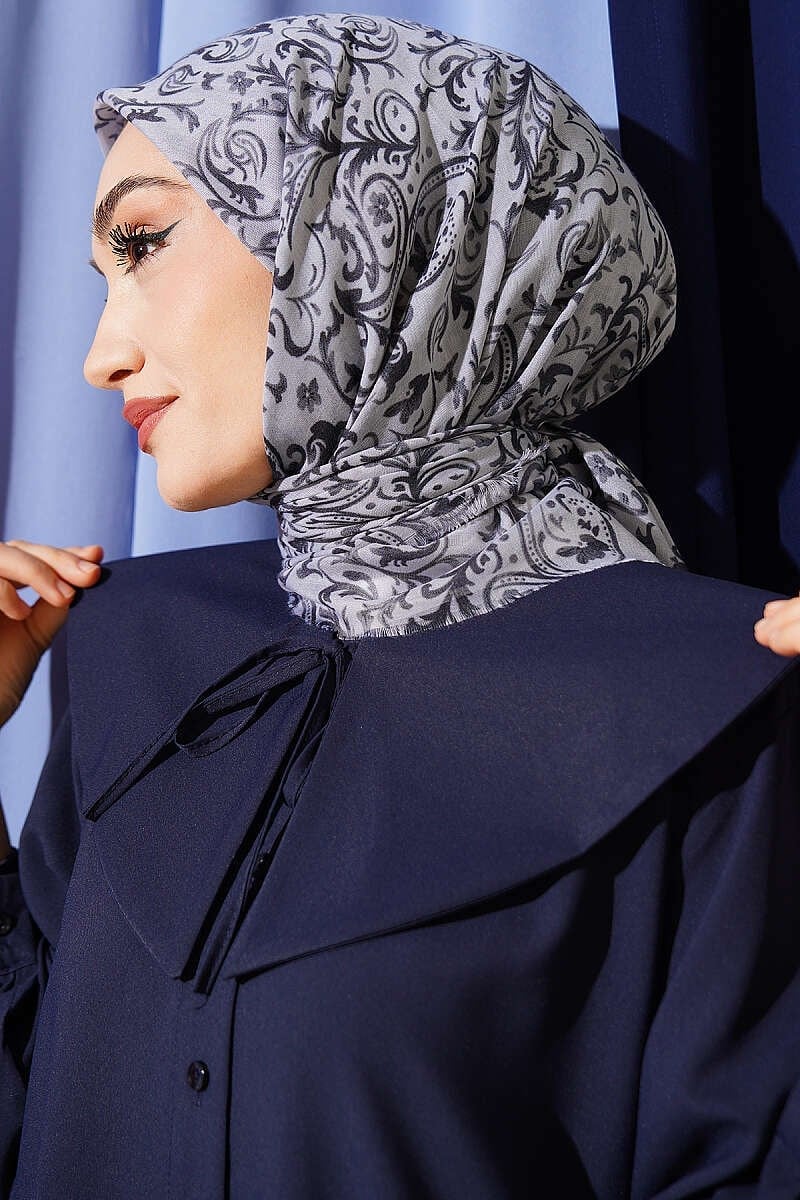 Motifli Flamu Cotton Eşarp Gri