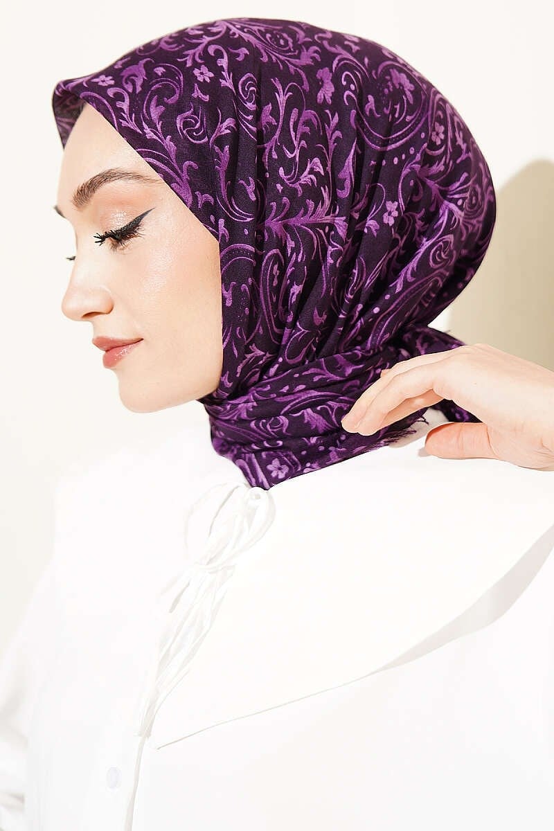 Motifli Flamu Cotton Eşarp Mürdüm