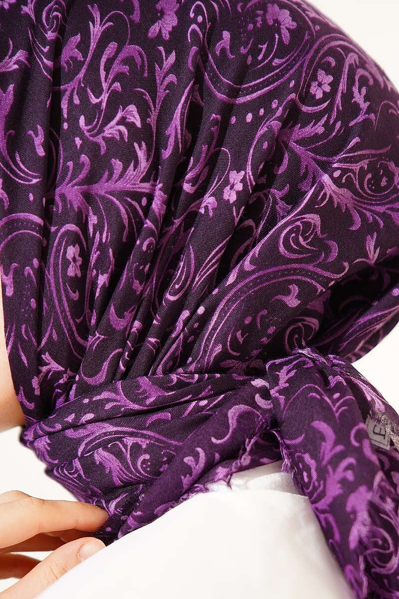 Motifli Flamu Cotton Eşarp Mürdüm