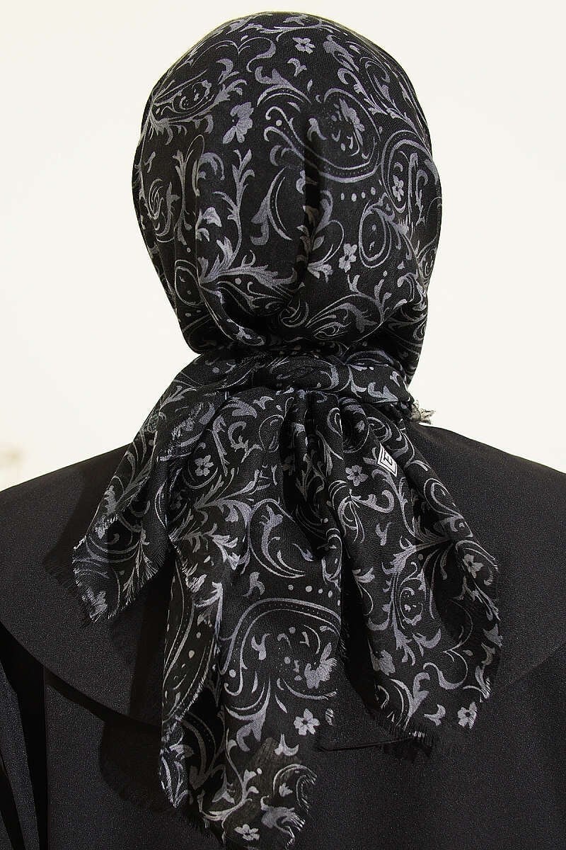 Motifli Flamu Cotton Eşarp Siyah Gri