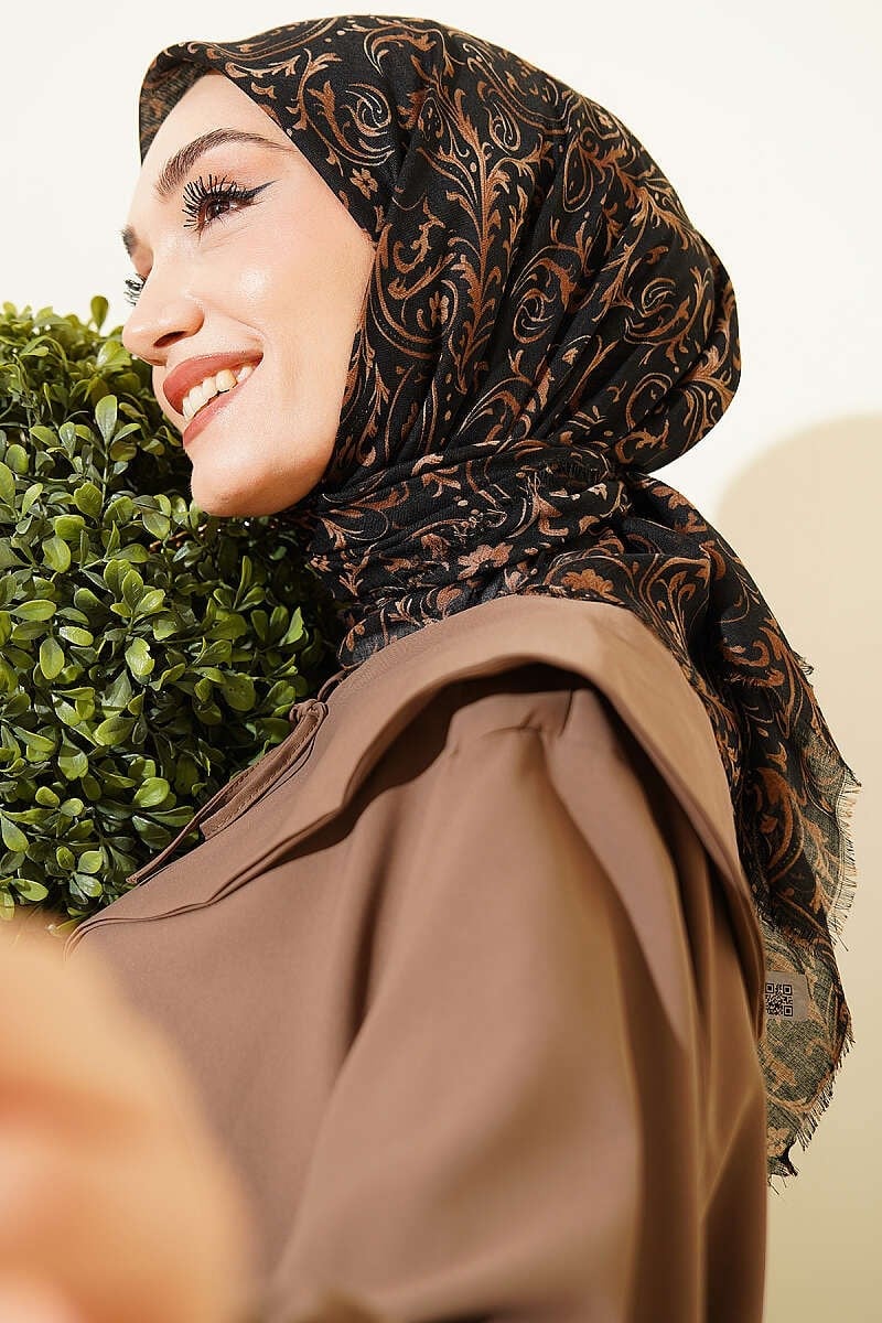 Motifli Flamu Cotton Eşarp Siyah Vizon