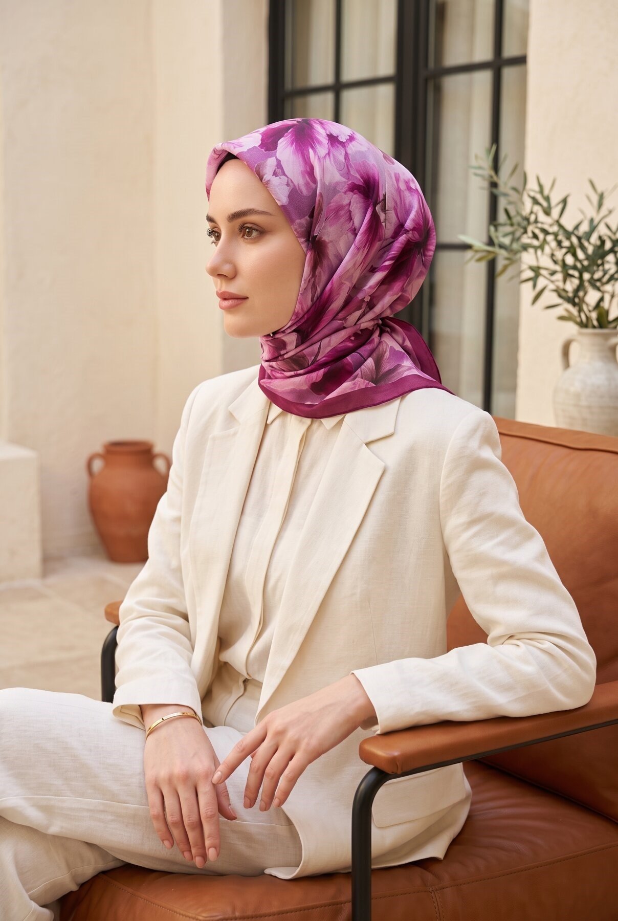 Natural Çiçek Desen Eşarp Serisi Fuşya