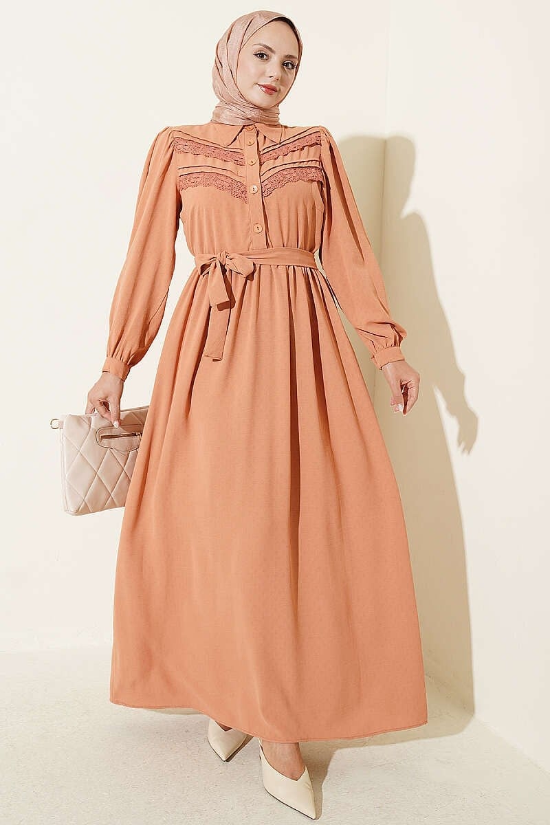 Nervür Dantel Detaylı Elbise Camel