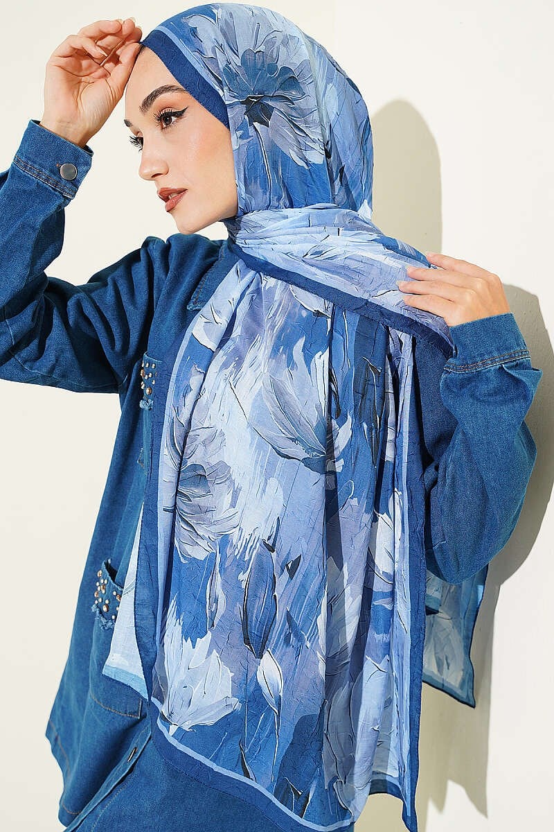 Nilüfer Desenli Bambu Kraş Şal Lacivert Mavi