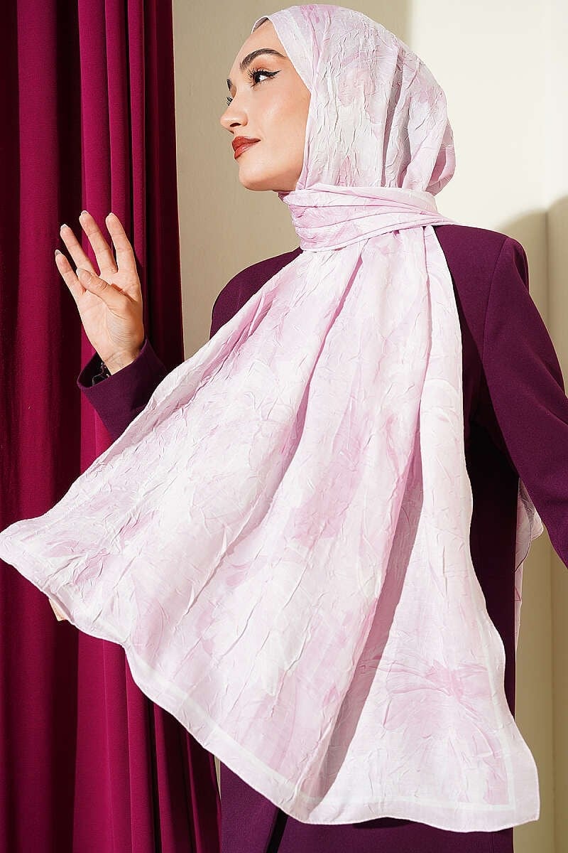 Nilüfer Desenli Bambu Kraş Şal Toz Pembe
