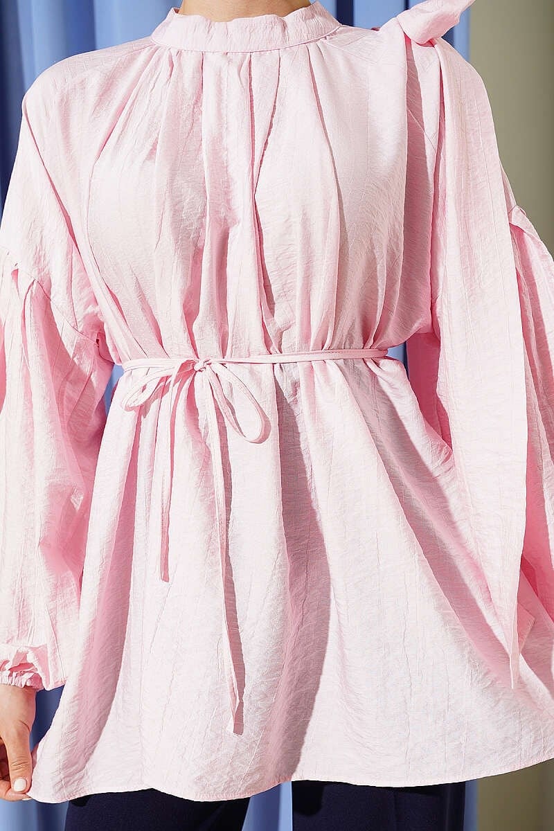 Omuz Fiyonklu Salaş Tunik Pembe