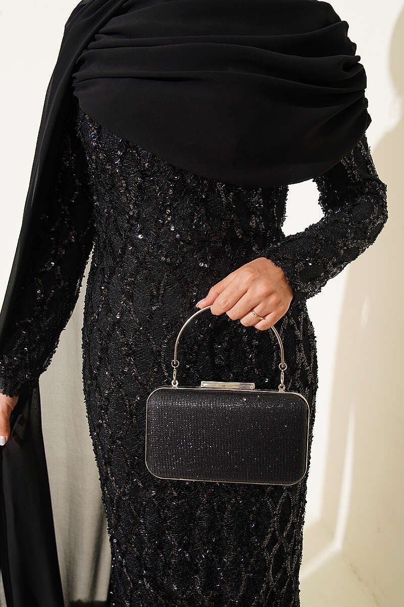 Omuz Pelerinli Pul Payetli Abiye Elbise Siyah