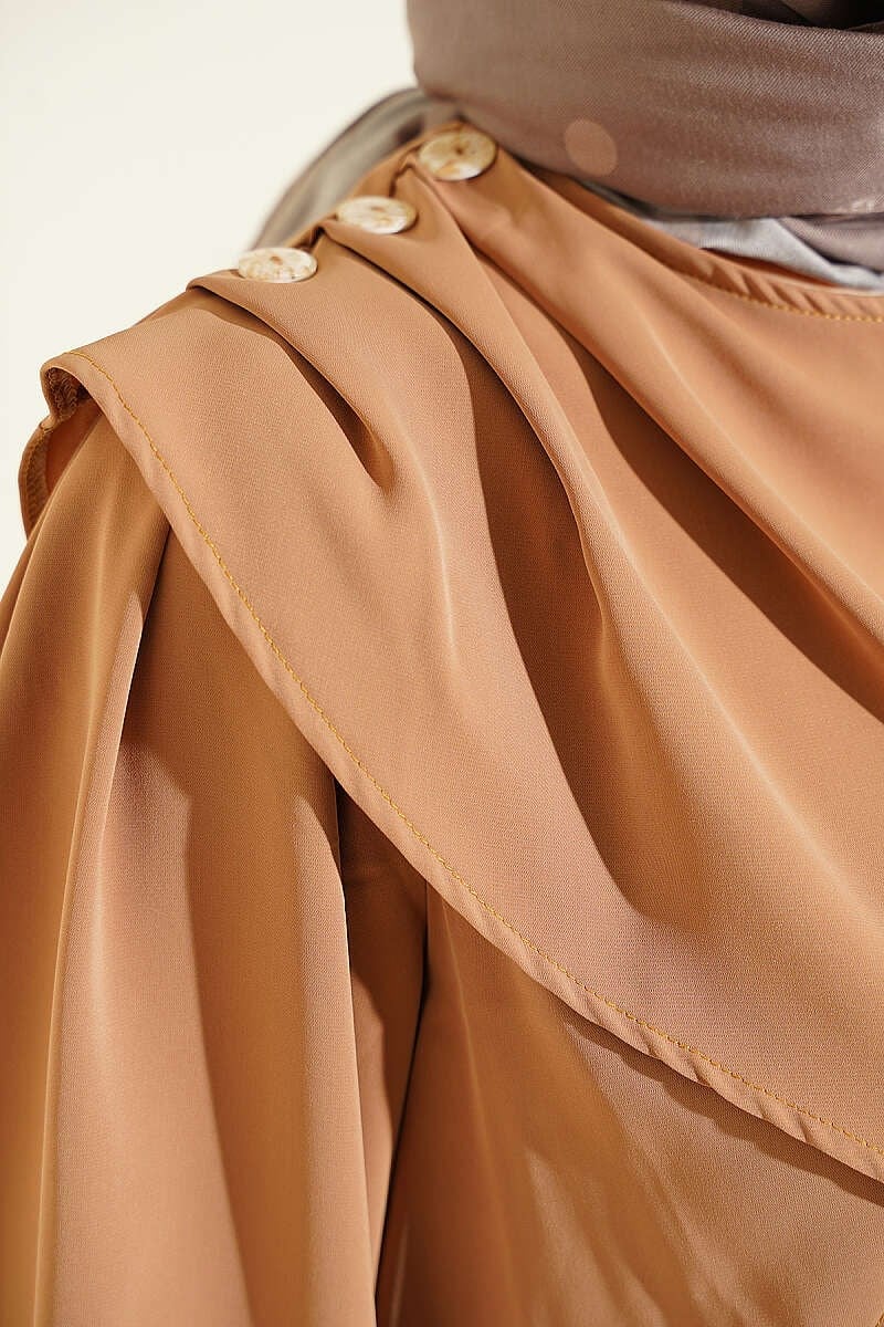 Omuz Pile Detaylı Elbise Camel