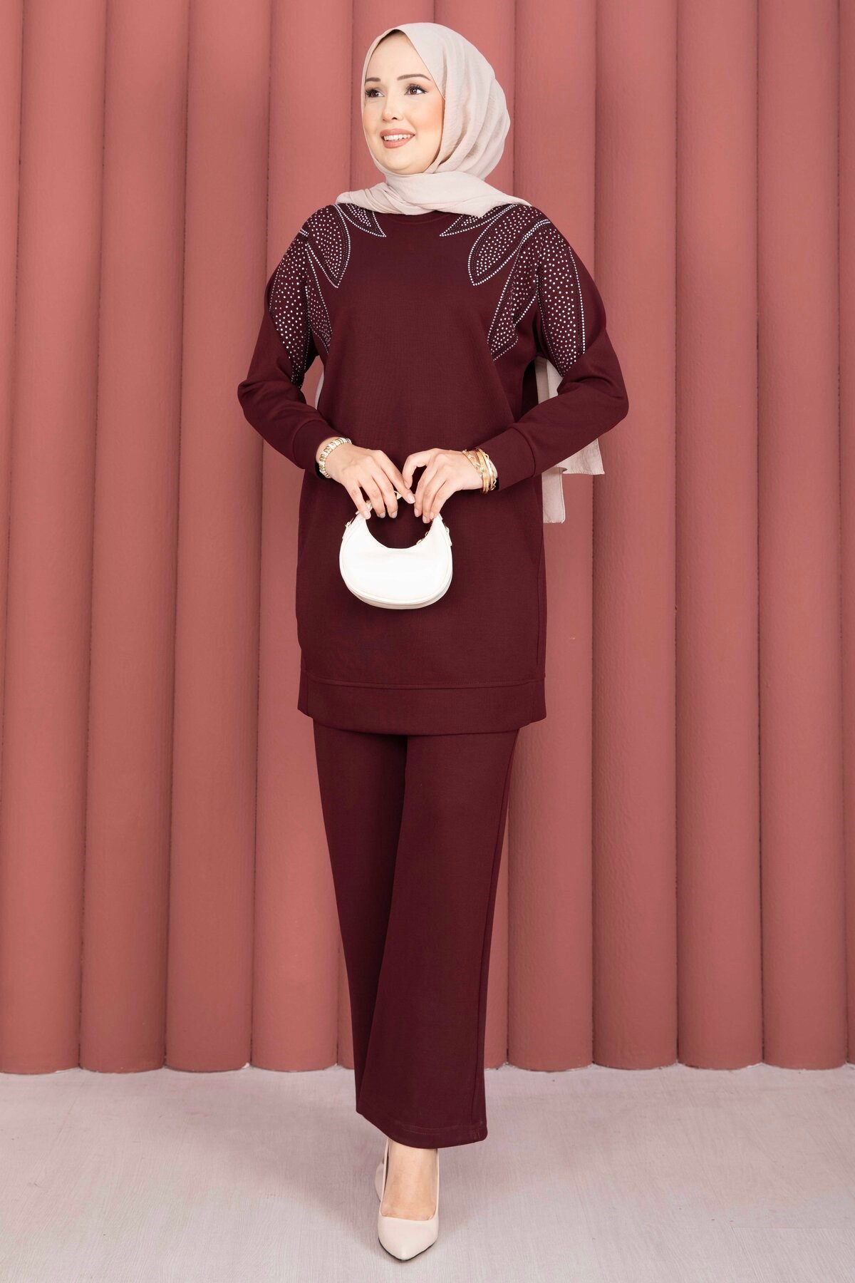 Omzu Taşlı Tunik Pantolon İkili Takım Bordo
