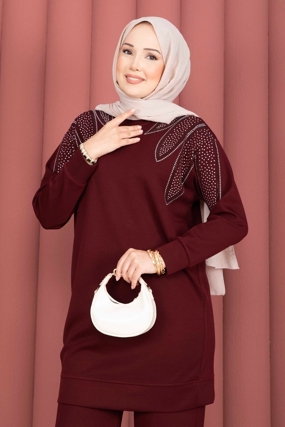 Omzu Taşlı Tunik Pantolon İkili Takım Bordo