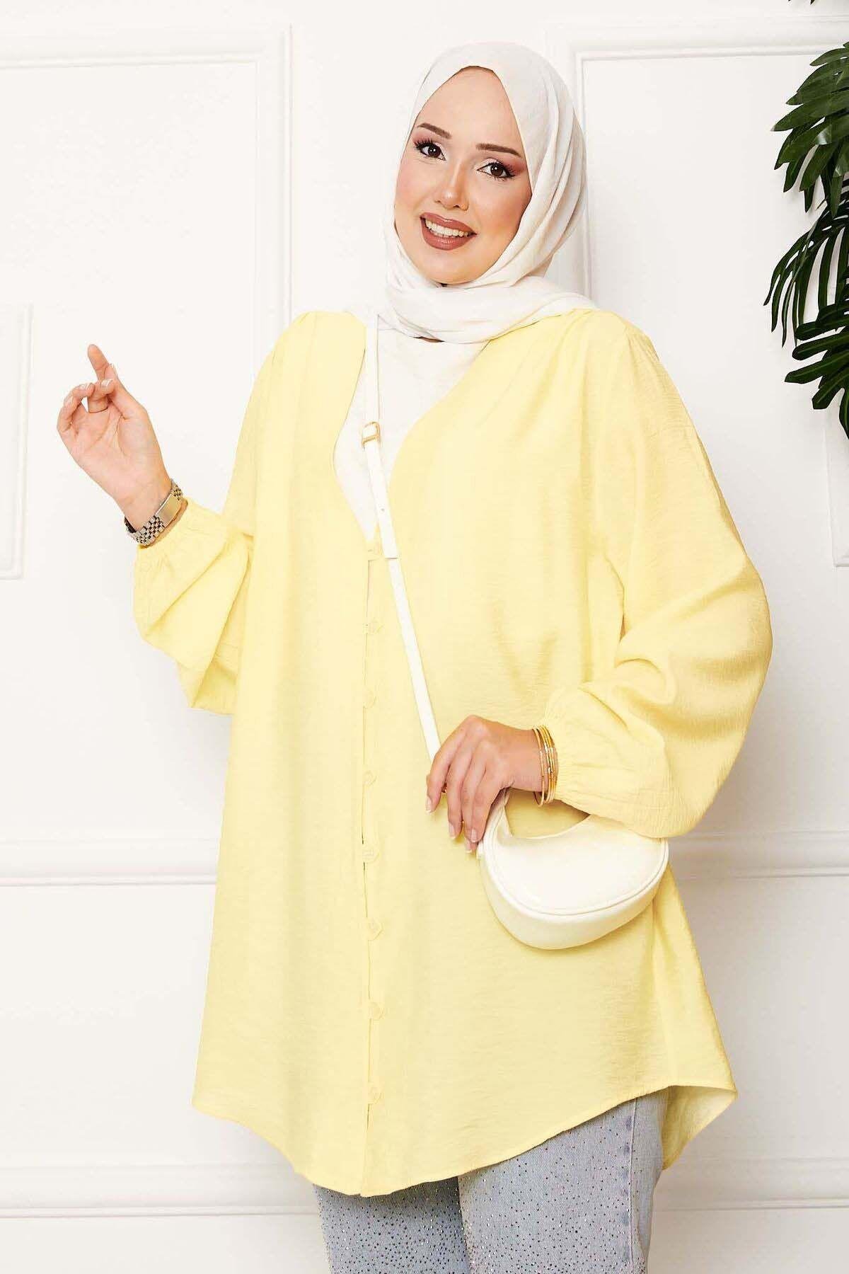Önden Düğmeli Kimono Gömlek Açık sarı