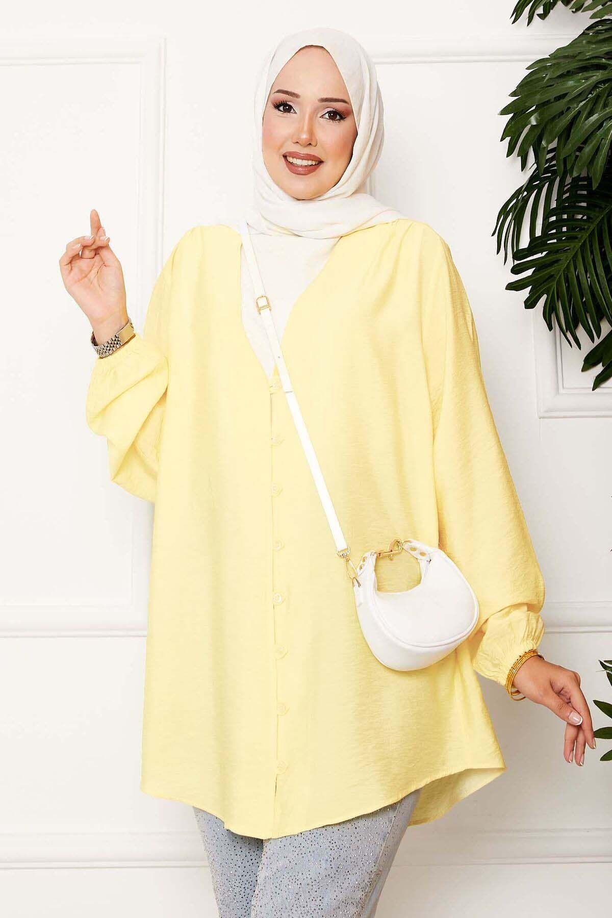 Önden Düğmeli Kimono Gömlek Açık sarı