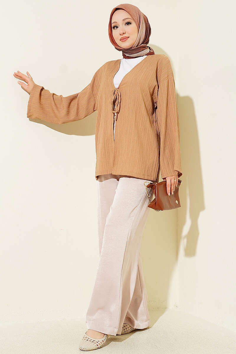 Önü Bağcıklı Ağaç Kabuğu Kimono Latte