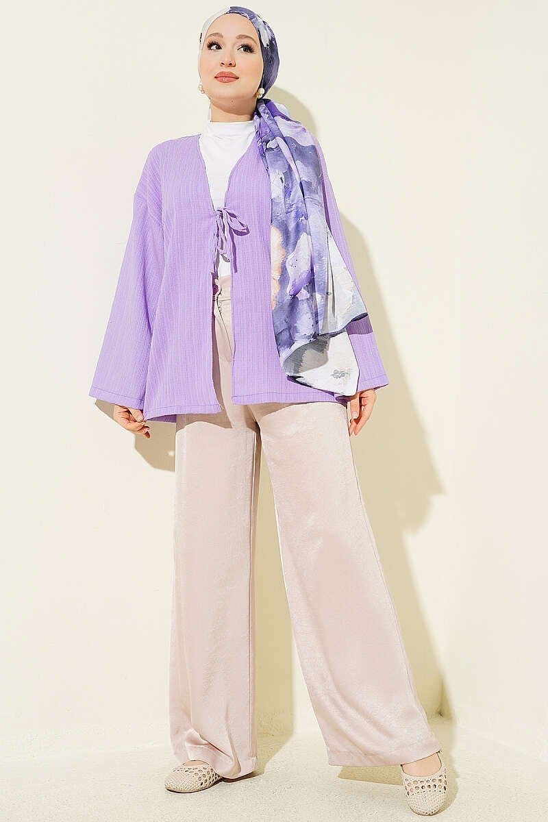 Önü Bağcıklı Ağaç Kabuğu Kimono Lila