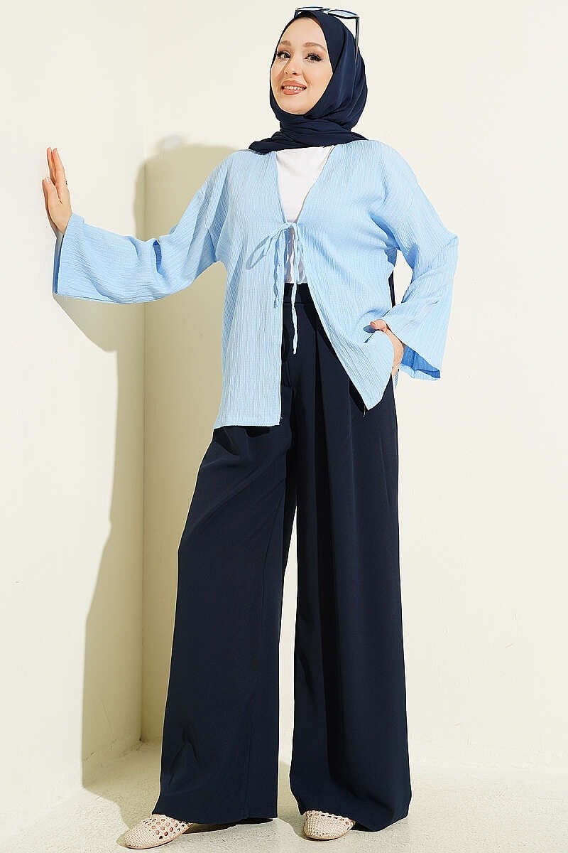 Önü Bağcıklı Ağaç Kabuğu Kimono Mavi