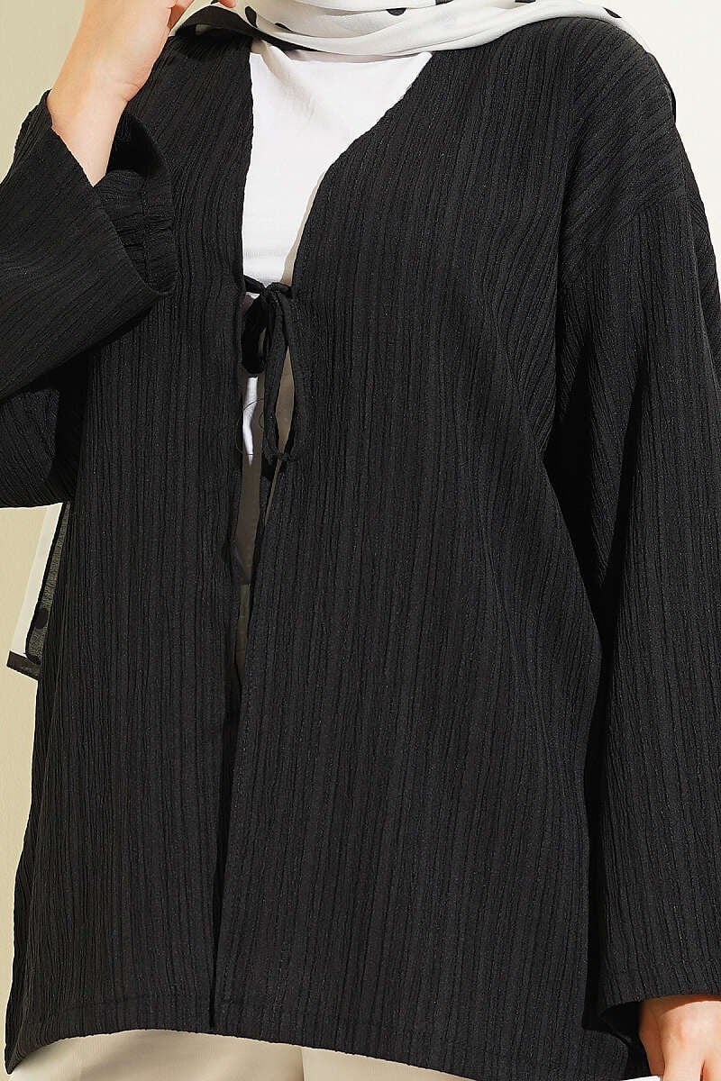 Önü Bağcıklı Ağaç Kabuğu Kimono Siyah