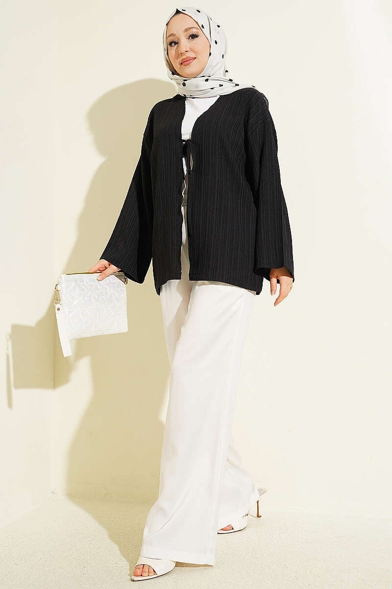 Önü Bağcıklı Ağaç Kabuğu Kimono Siyah