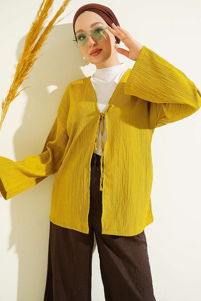 Önü Bağcıklı Ağaç Kabuğu Kimono Yağ Yeşili