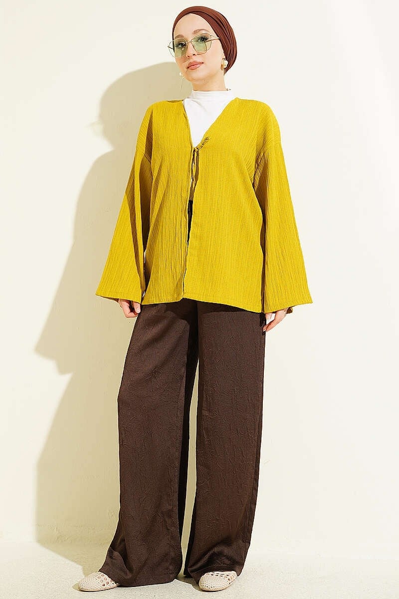 Önü Bağcıklı Ağaç Kabuğu Kimono Yağ Yeşili