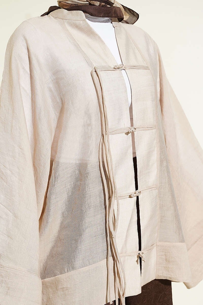 Önü Bağcıklı Oversize Tül Kimono Bej