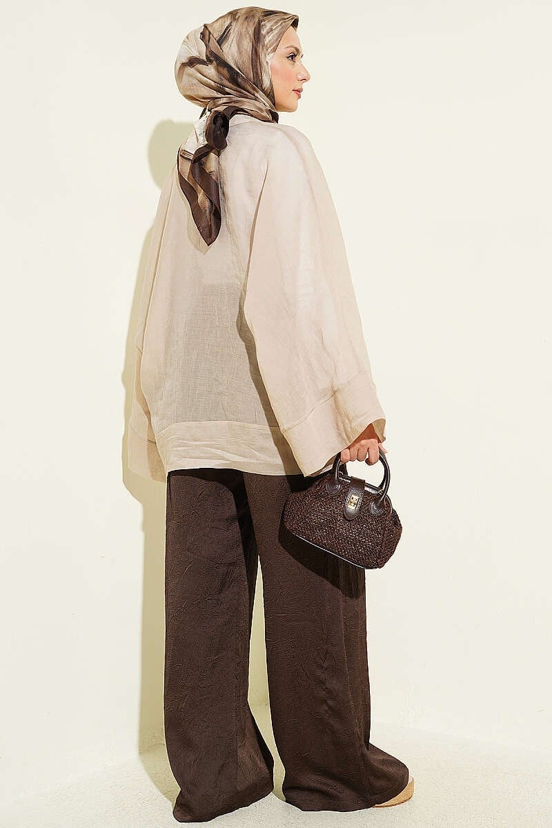 Önü Bağcıklı Oversize Tül Kimono Bej