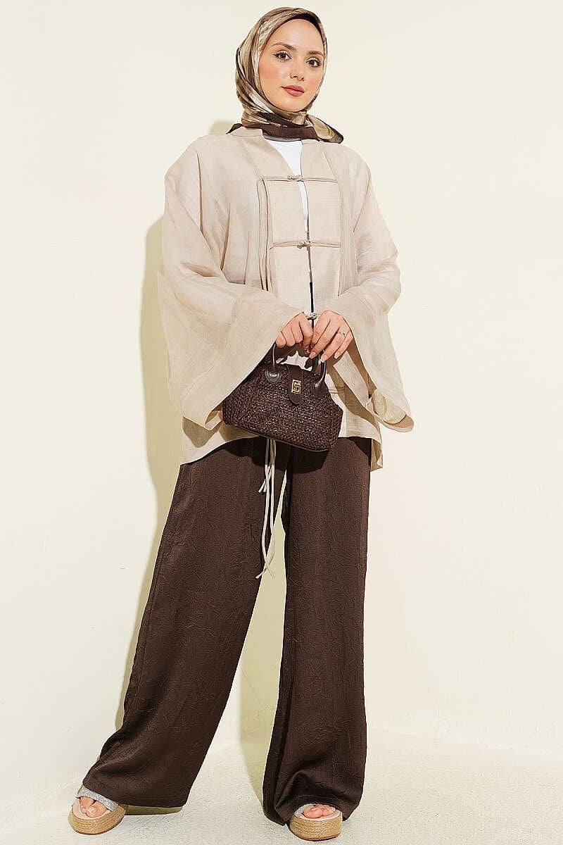 Önü Bağcıklı Oversize Tül Kimono Bej