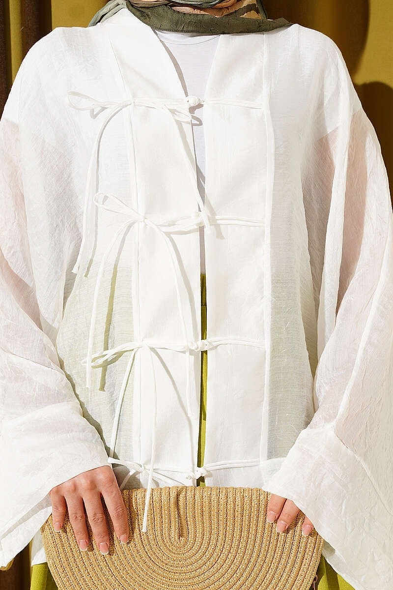 Önü Bağcıklı Oversize Tül Kimono Beyaz