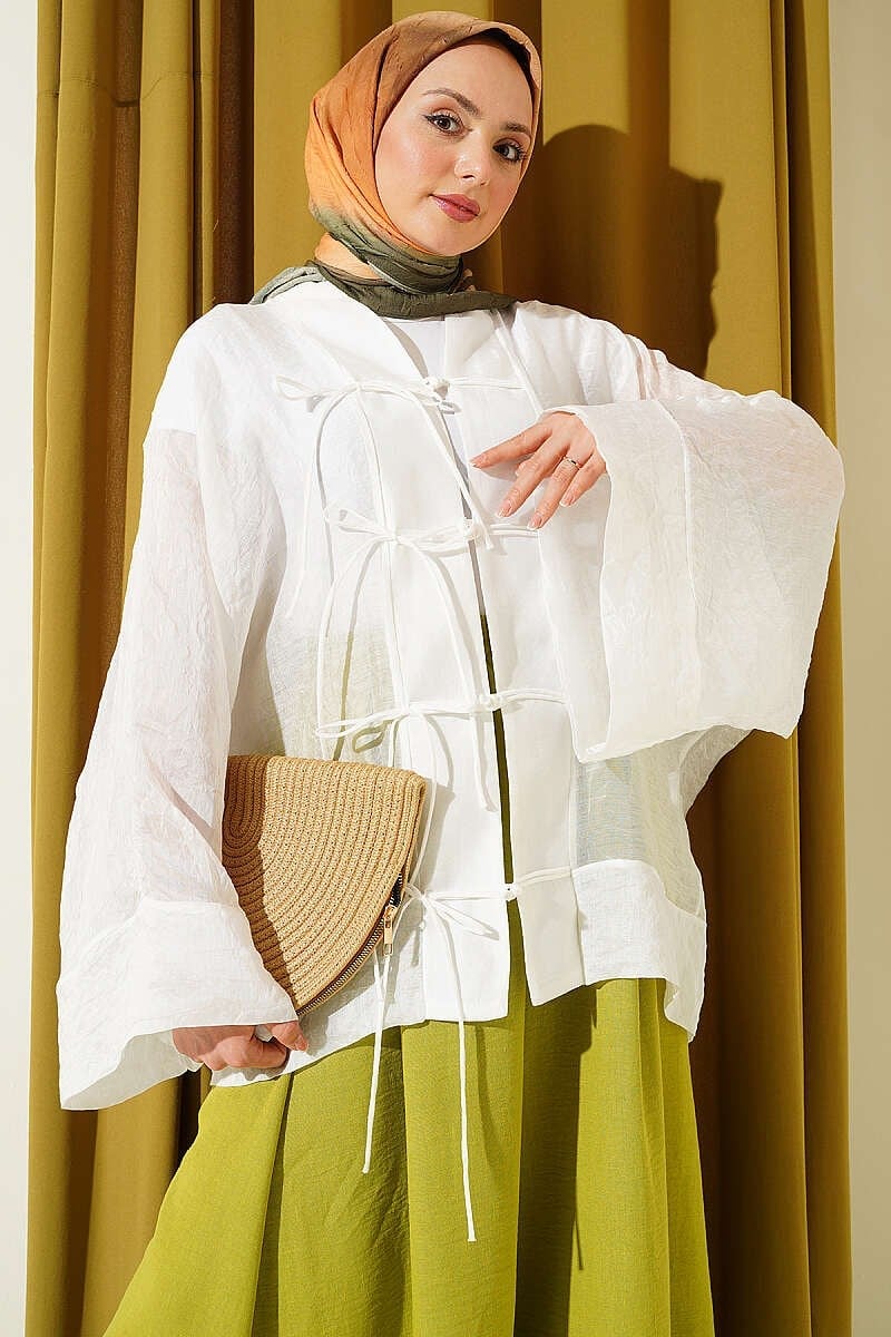 Önü Bağcıklı Oversize Tül Kimono Beyaz