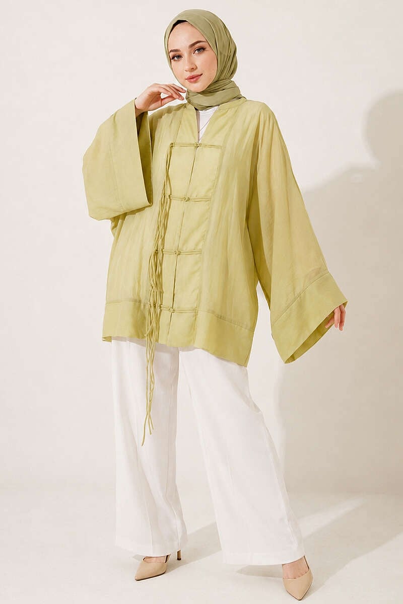 Önü Bağcıklı Oversize Tül Kimono Çağla Yeşili