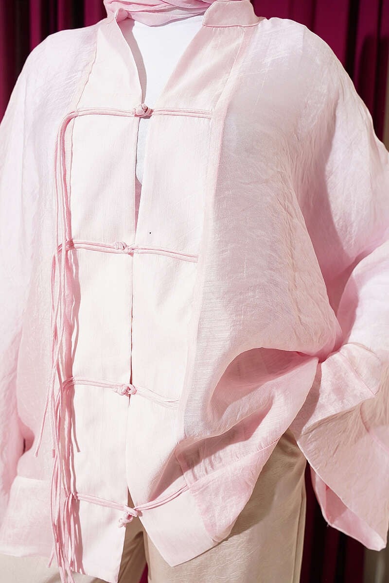 Önü Bağcıklı Oversize Tül Kimono Pembe