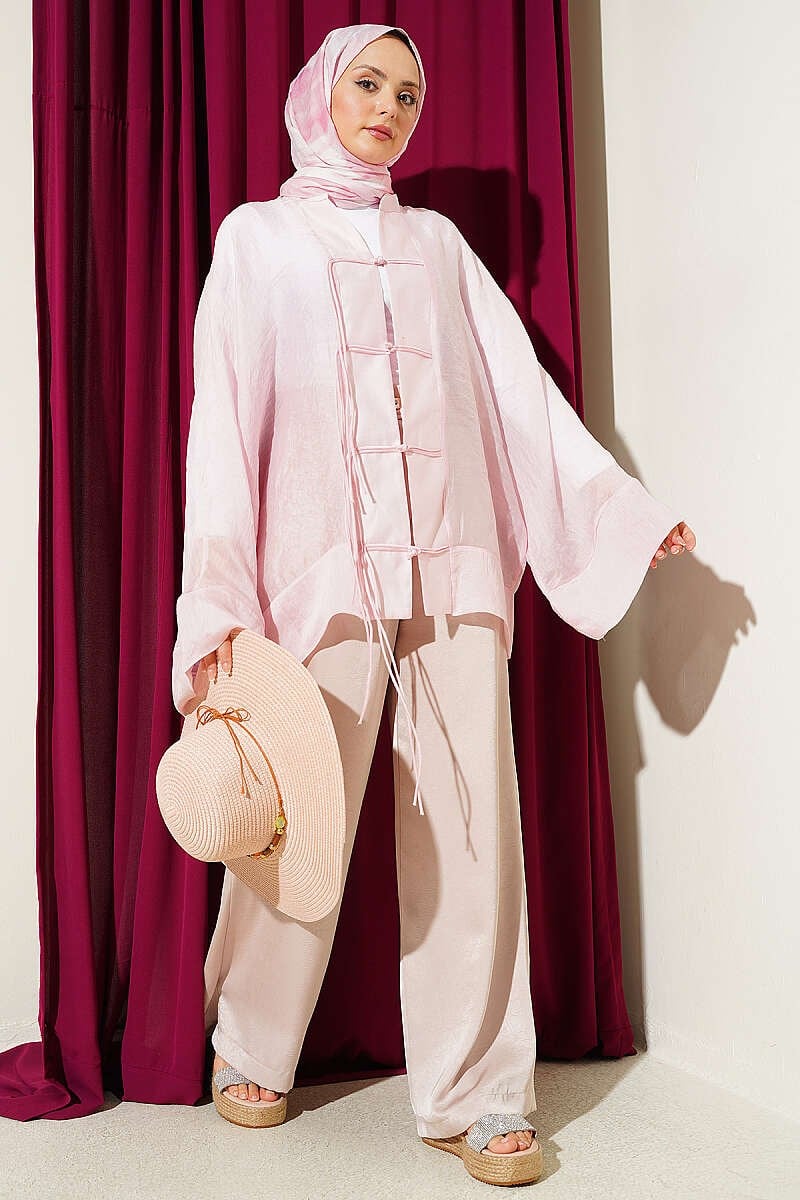 Önü Bağcıklı Oversize Tül Kimono Pembe