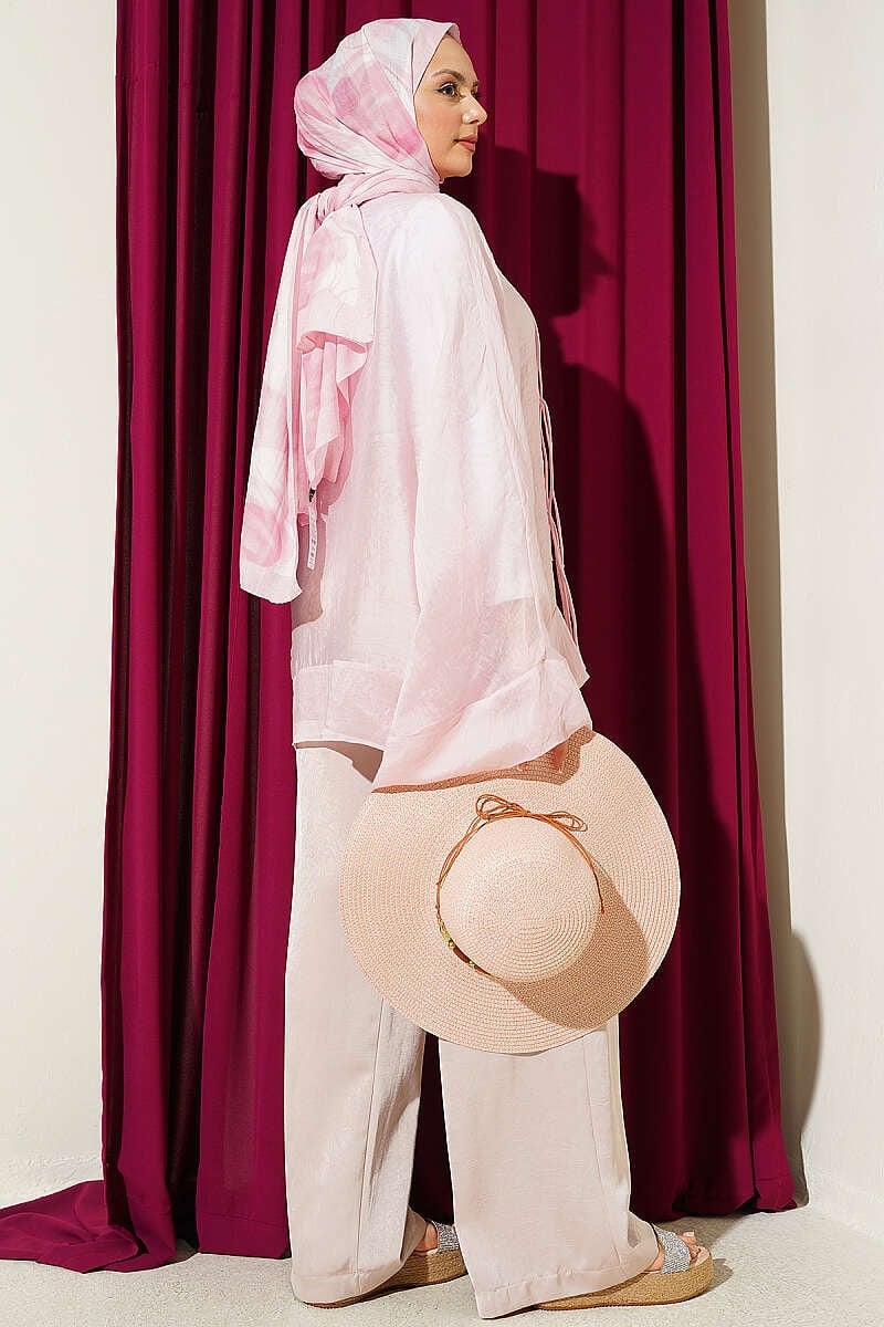 Önü Bağcıklı Oversize Tül Kimono Pembe
