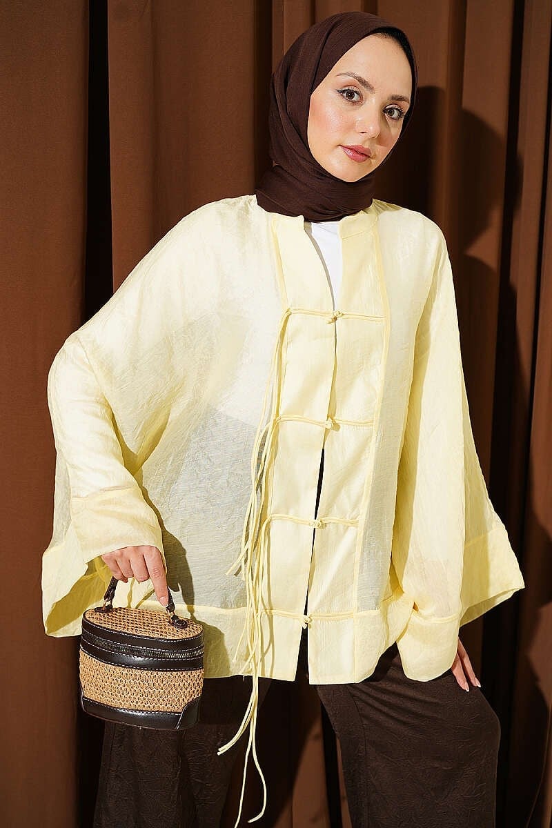 Önü Bağcıklı Oversize Tül Kimono Sarı